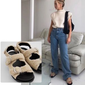 NWT- Zara Flat Faux Fur Buckle Sandal